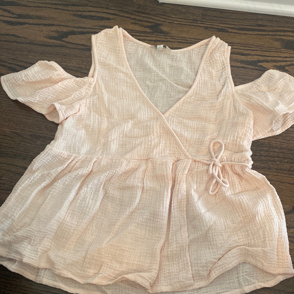 Lucky Brand Cold Shoulder Gauze Top Blush Peach Crossover Tie Front